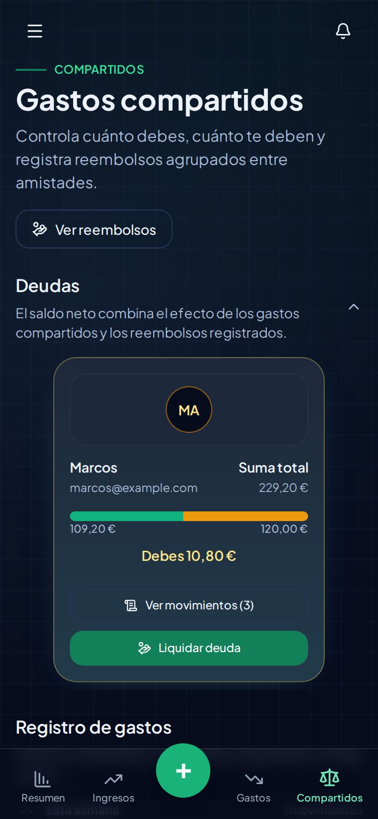 Gastos compartidos con Marcos: debes 10,80 €