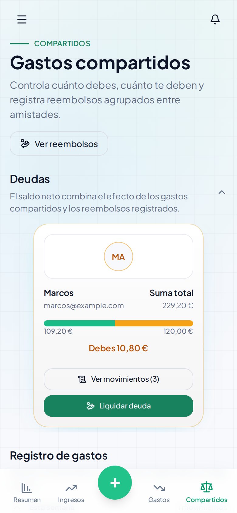 Gastos compartidos con Marcos: debes 10,80 €